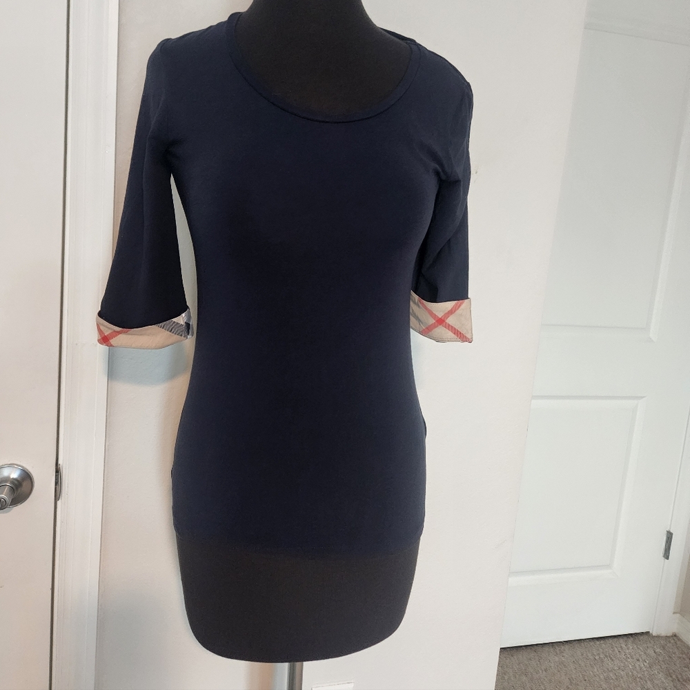 Burberry Dark Blue Long Sleeve Top with Plaid Cuffs